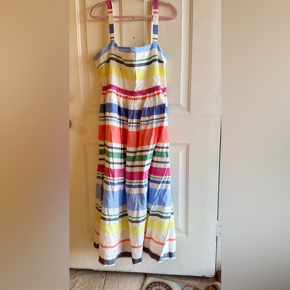 New GAP Multi Striped Sun Dress XL 100% Cotton pockets sleeveless smocked